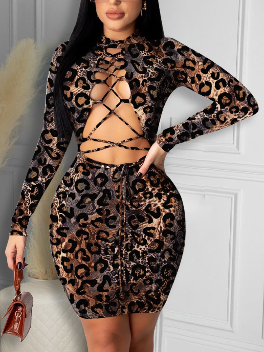 LW SXY Leopard Print Hollow Out Bandage Design Dress Sale LovelyWholesale