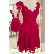 Cheap Sexy V Neck Short Sleeves Backless Red Lace 
