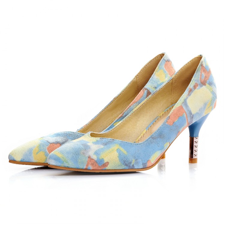 Cheap Fashion Pointed Closed Toe Print Stiletto High Heels Blue PU Pumps