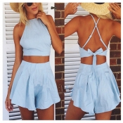 Trendy Tank Sleeves Backless Tied Blue Blending Tw