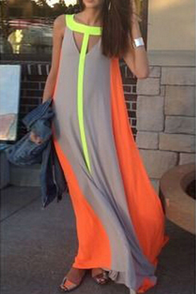 Sexy O Neck Tank Sleeveless Cut-out Patchwork Chiffon A Line Ankle Length Dress