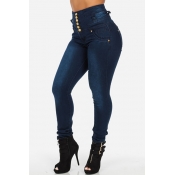 Stylish High-Waisted Button Fly Design Blue Denim 