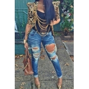 Stylish Half Sleeves Epaulet Stud Embellished Leop