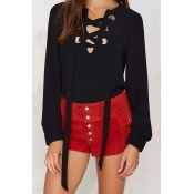Fashion V Neck Long Sleeves Lace-up Black Chiffon 