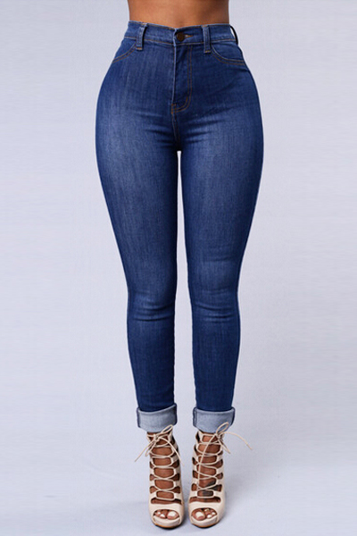 Lovely Trendy Mid Waist Button Fly Blue Denim Skinny Jeans
