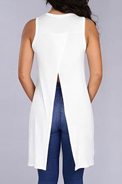 Trendy Round Neck Sleeveless High Split White Cotton Blends Tops