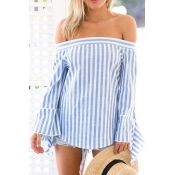 Trendy Bateau Neck Long Sleeves Striped Blue Cotto
