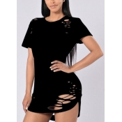 Leisure Round Neck Short Sleeves Hollow-out Black 