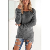 Trendy Round Neck Long Sleeves Grey Velvet Sweater