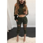 Leisure Round Neck Long Sleeves Hollow-out Green C