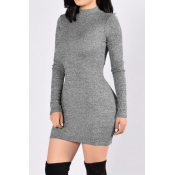 Contracted Style Round Neck Long Sleeves Grey Poly