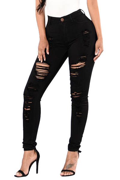 Euramerican High Waist Holes Design Black Cotton Jeans