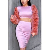 Trendy Round Neck Long Sleeves Pink Faux Fur Coat