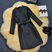 Trendy V Neck Half Sleeves Lace-up Black PU Trench