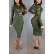 Sexy Round Neck Long Sleeves Hollow-out Army Green