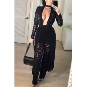 Black Lace Pants Solid V Neck Long Sleeve Sexy Two