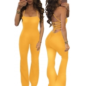 Sexy Spaghetti Strap Backless Yellow Twilled One-p