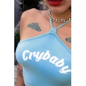 Sexy Halter Neck Letters Printed Skyblue Cotton Ta