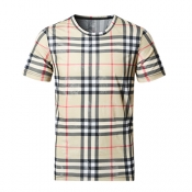 Casual Round Neck Short Sleeves Grid Cotton T-shir