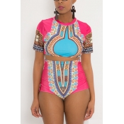 Ethnic Style Round Neck Totem Printed Pink Polyest