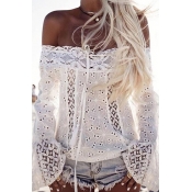 Stylish Bateau Neck Long Sleeves Hollow-out White 