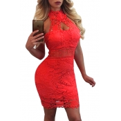 Sexy Hollow-out Red Lace Sheath Mini Dress