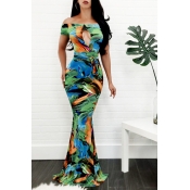 Stylish Dew Shoulder Printed Milk Fiber Sheath Flo