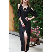 Fashion V Neck Half Sleeves Hollow-out Black Cotto