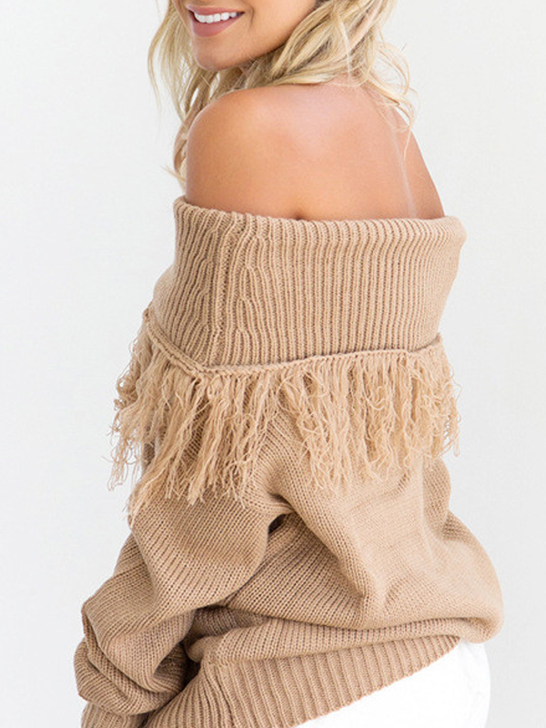 Trendy Dew Shoulder Long Sleeves Light Tan Cotton Blends Sweaters
