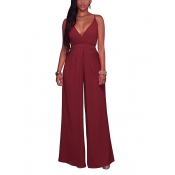 Fashion V Neck Backless Wine Red Polyester One-pie