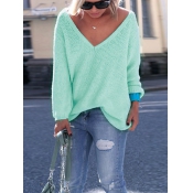Leisure V Neck Long Sleeves Green Wool Sweaters