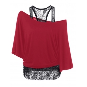 Trendy Dew Shoulder Lace Combination Red Cotton To