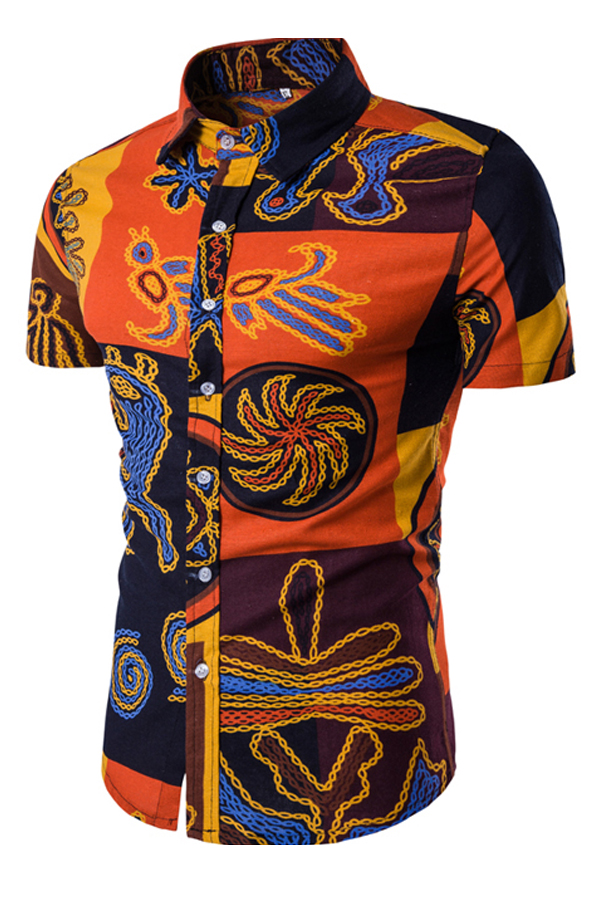Blending Turndown Collar Short Sleeve Print Men Clothes