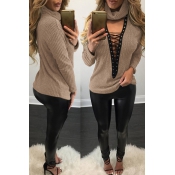 Sexy Deep V Neck Hollow-out Khaki Knitting Sweater
