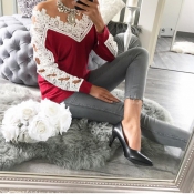 Leisure Long Sleeves Lace Trim Patchwork Wine Red 