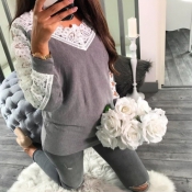 Leisure Long Sleeves Lace Trim Patchwork Grey Cott