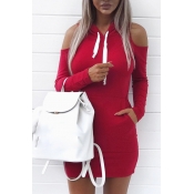 Leisure Hooded Collar Long Sleeves Hollow-out Wine