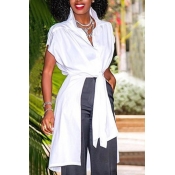 Stylish Turndown Collar Asymmetrical White Polyest