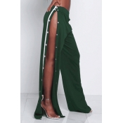 Polyester Solid Elastic Waist High Straight Pants 
