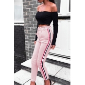 Polyester Solid Elastic Waist High Straight Pants 