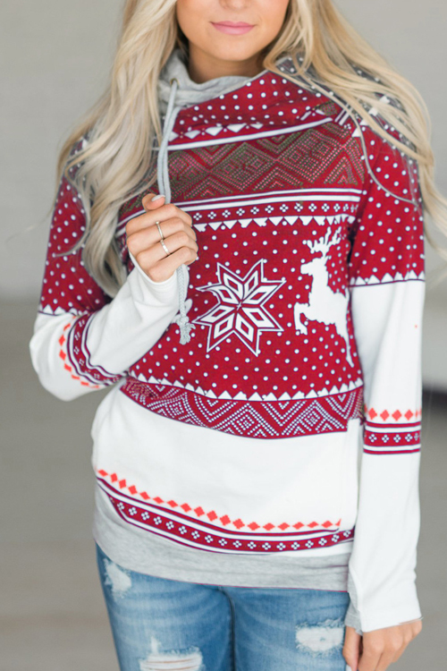 Lovely Euramerican Long Sleeves Printed Red Cotton Blends Pullovers