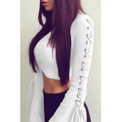 Trendy Round Neck Lace-up White Cotton Sweaters