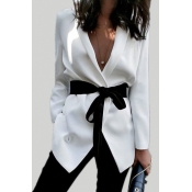 Trendy V Neck Lace-up White Cotton Blend Blazer