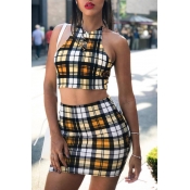 Sexy Backless Plaids Yellow Cotton Two-piece Skirt