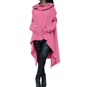 Leisure Long Sleeves Asymmetrical Pink Cotton Hood
