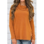 Trendy Long Sleeves Side Split Orange Cotton Shirt