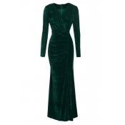 Trendy V Neck Velvet Fold Design Green Velvet Merm