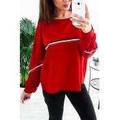 Leisure Round Neck Patchwork Red Polyester Pullove