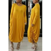 Casual Round Neck Yellow Polyester Mid Calf Dress