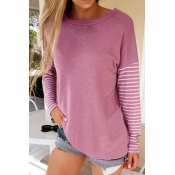 Lovely Trendy Round Neck Striped Pink Polyester T-